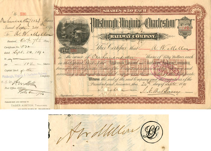 Pittsburgh, Virginia and Charleston Railway Co. signed by Andrew W. Mellon - Stock Certificate